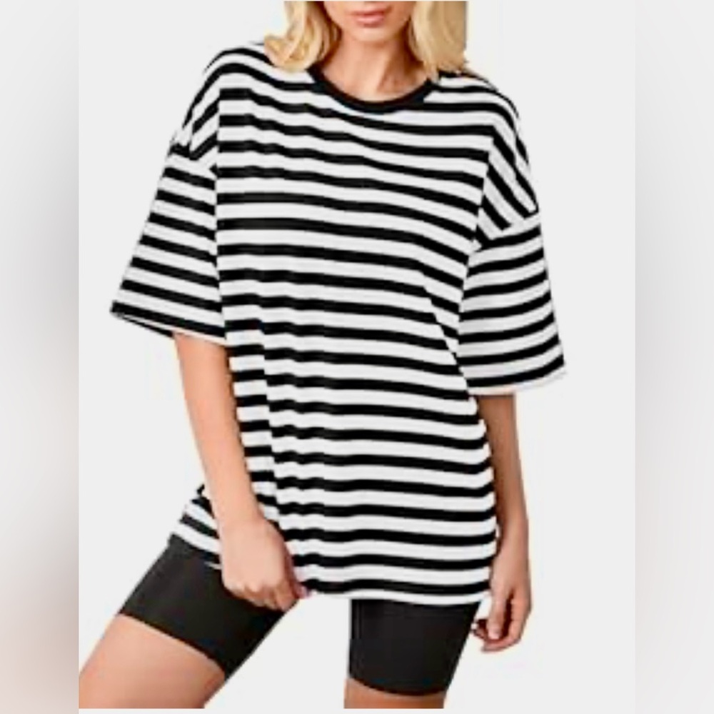 Oversized Striped Color Block Short Sleeve Women's Tee, Black & White, Size S